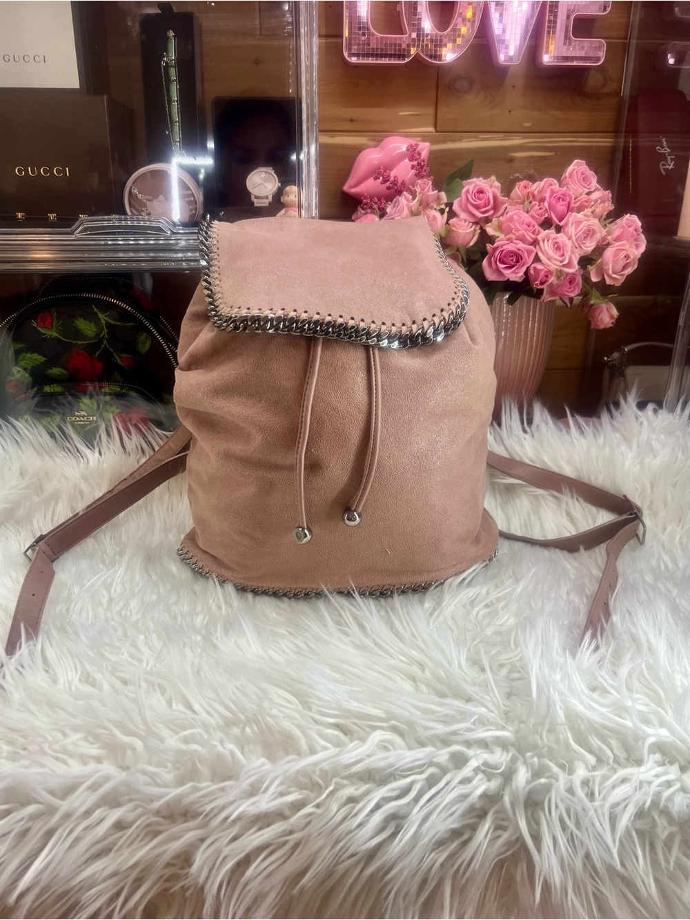 Stella McCartney Pink Suede Chain-Trim Drawstring Backpack